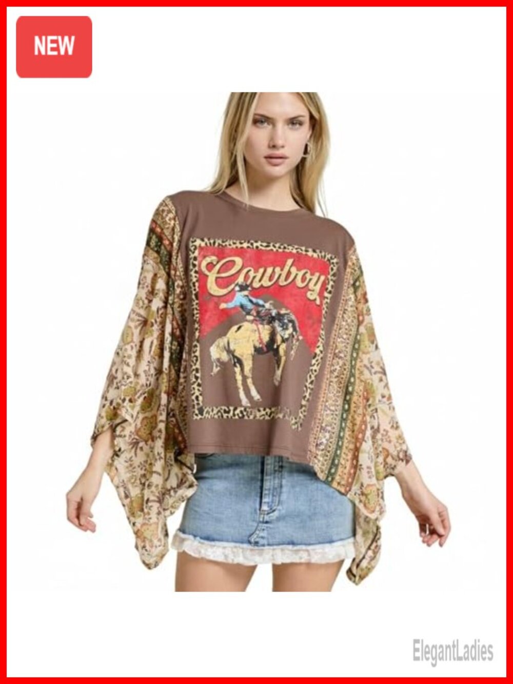 Western Graphic Poncho Top Flowy Cowboy Print Chiffon Sleeve Oversized Tee